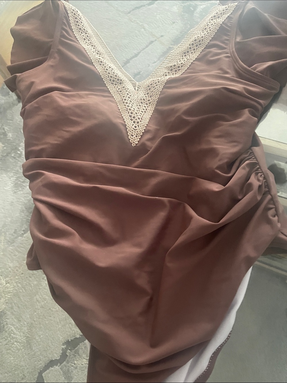 Brown V-Neck Bathing suit  with Lace Trim